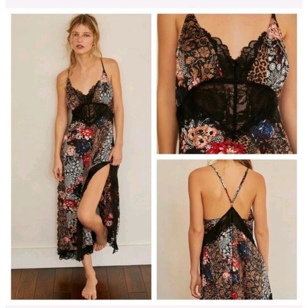 NEW Free People Slip Dress Womens XS Black Floral Lace Trim Long Rayon V-Neck
